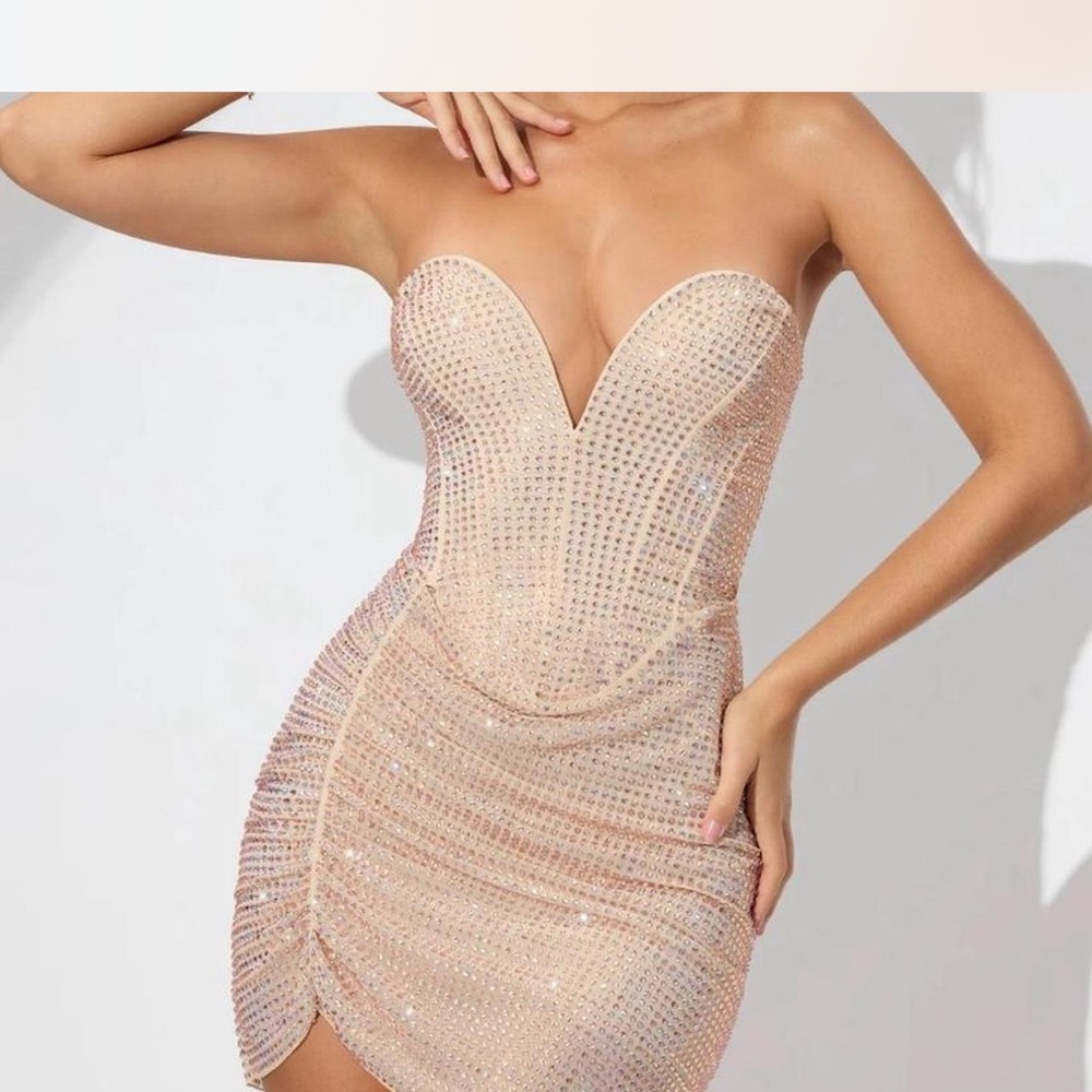 Oh Polly Strapless Shimmering Nude Dress